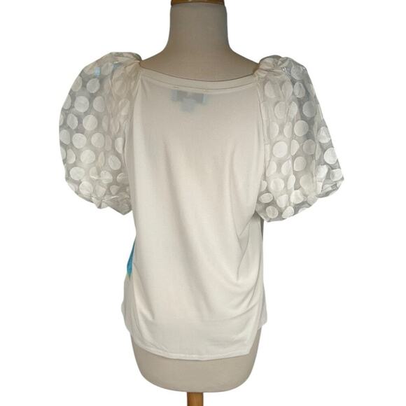 CeCe Mixed Media Round Neck Polka Dot Puff Short Sleeve Top Medium White NWT - Picture 2 of 10